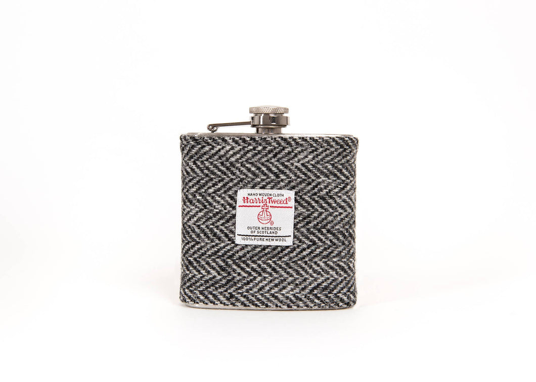 6oz Harris Tweed Hip Flask -Black Herringbone  - HT35